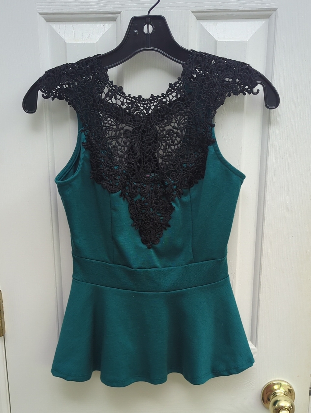 Teal Peplum Blouse with Black Lace Yoke